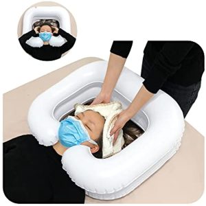 Inflatable Hair Washing Basin Shampoo Bowl for Bedridden Portable Hair Washing Sink Tray at Home Bed Shampoo Kit Blow Up Hair Washer Tub with Pump, Drain Hose (White)