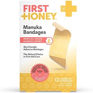 First Honey Manuka Honey Adhesive Bandages 12 Pack | Latex Free, Antibiotic Free Wound Dressing | Medical Grade Honey Adhesive Pads | First Aid Care Burns, Cuts, Scrapes, Wounds, Lacerations