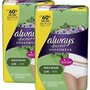 Always Discreet Incontinence & Postpartum Incontinence Underwear for Women, Small/Medium, Maximum Protection, Disposable, 32 count (Pack of 2) (Packaging may vary)