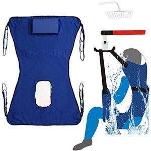 Patient Lift Toileting Sling Large Mesh Sling for Shower Home Use Electric Transfer Belt with Head Support Medical Handicap Commode Full Body Sling (Blue)