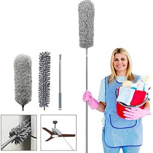 Telescoping Microfiber Duster,1 Stainless Steel Pole & 2 Cleaning Head,Ceiling Fan Duster,Bendable Washable Head,30-100inch,for Cleaning Roof, Blinds, Cobwebs, Corners,Furniture,Car,Skylight(Gray)