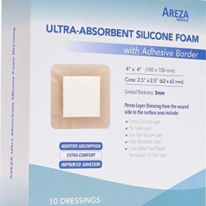 Ultra-Absorbent Silicone Foam Dressing with Border (Adhesive) Waterproof 4\" X 4\" (10 cm X 10 cm) (Central Ultra-Absorbent Foam 2.5\" X 2.5\") 10 Per Box (1) Wound Dressing by Areza Medical