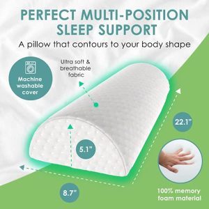 Cushy Form Bolster Pillow for Lumbar and Leg Support - 22.1 x 8.7 x 5.1 Inches Half Moon Memory Foam Cushion for Stomach, Back & Side Sleepers - Roll Pillows for Back and Neck w/ Washable Cover