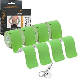 JB Kinesiology Tape PreCut Rolls - (4 Pack / 80 Elastic I- Strips 2 Inch X 10 Inch) Water Resistant, Latex Free Athletic Tape for Joint & Muscle Pain, Recovery & Support. Bonus Scissors (Green)