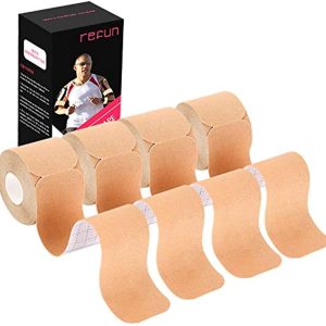 REFUN Kinesiology Tape Precut (4 Rolls Pack), Elastic Therapeutic Sports Tape for Knee Shoulder and Elbow, Pain Relief, Waterproof, Latex Free, 2\" x 16.5 feet Per Roll, 20 Precut 10 Inch Strips