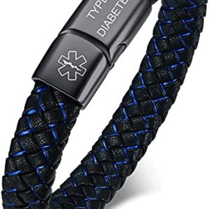 VNOX Blue Braided Leather Medical Symbol Caduceus with Magnetic Clasp Cuff Wristband Bracelet,6.9/7.5/8.5\"