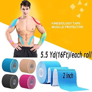 OBTANIM 4 Rolls Waterproof Breathable Kinesiology Tape, Athletic Elastic Kneepad Muscle Pain Relief Knee Taping for Gym Fitness Running Tennis Swimming Football (Black, Skin, Pink, Light Blue)