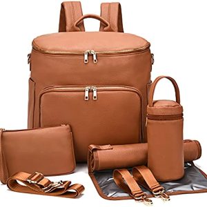Diaper Bag Backpack Leather Backpack for Women Travel Backpack Baby Bag Large with Troller Straps Capacity for Wet Clothes, Breast Pump, Milk Bottle Brown