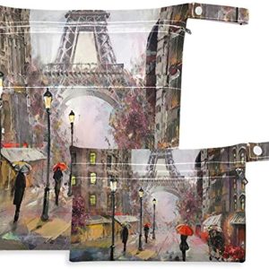 visesunny Oil Painting Eiffel Tower 2Pcs Wet Bag with Zippered Pockets Washable Reusable Roomy for Travel,Beach,Pool,Daycare,Stroller,Diapers,Dirty Gym Clothes, Wet Swimsuits, Toiletries