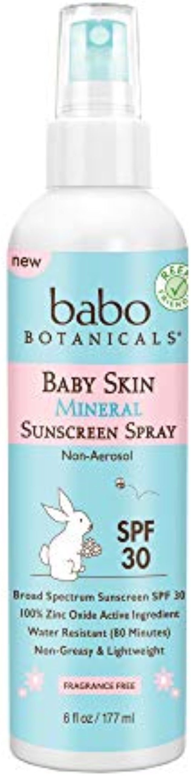 Babo Botanicals Baby Skin Mineral Sunscreen Spray SPF 30 with 100{203eefaf43322643ff2cbf7994bdbfdcacae03d40ed1a213a57e600e6d030d18} Zinc Oxide Active, Water-Resistant, Unscented, 6 Fl Oz