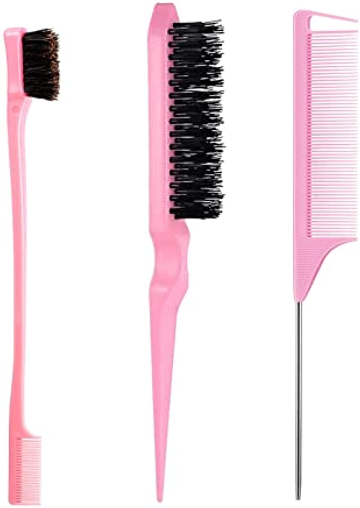 3 Pcs Hair Styling Brush Set with 1 Pcs Edge Brush 1 Pcs Bristle Hair Brush 1 Pcs Rat Tail Comb, Hair Comb Set for Slick Baby Hair and Flyaways - Pink