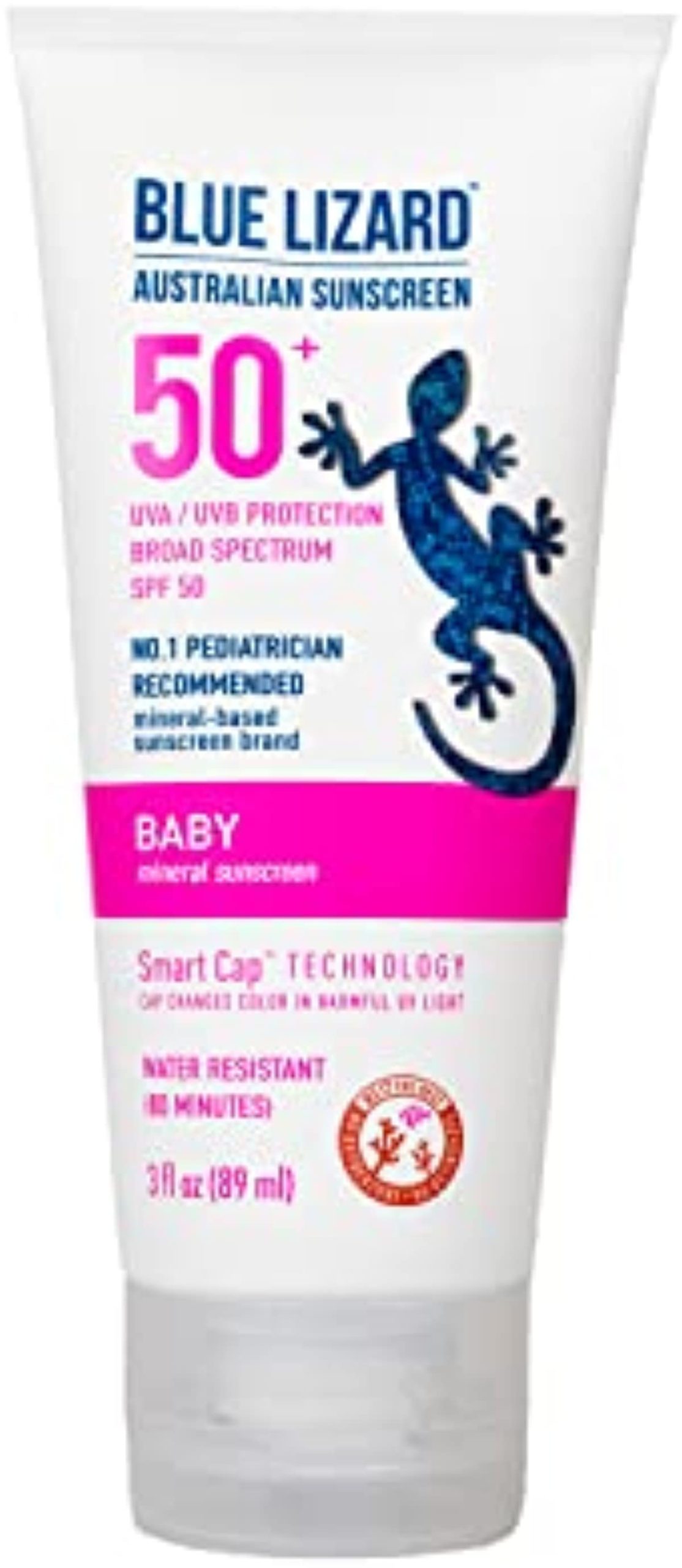 BLUE LIZARD Baby Mineral Sunscreen with Zinc Oxide, SPF 50+, Water Resistant, UVA/UVB Protection with Smart Cap Technology - Fragrance Free, 3 Ounce Tube