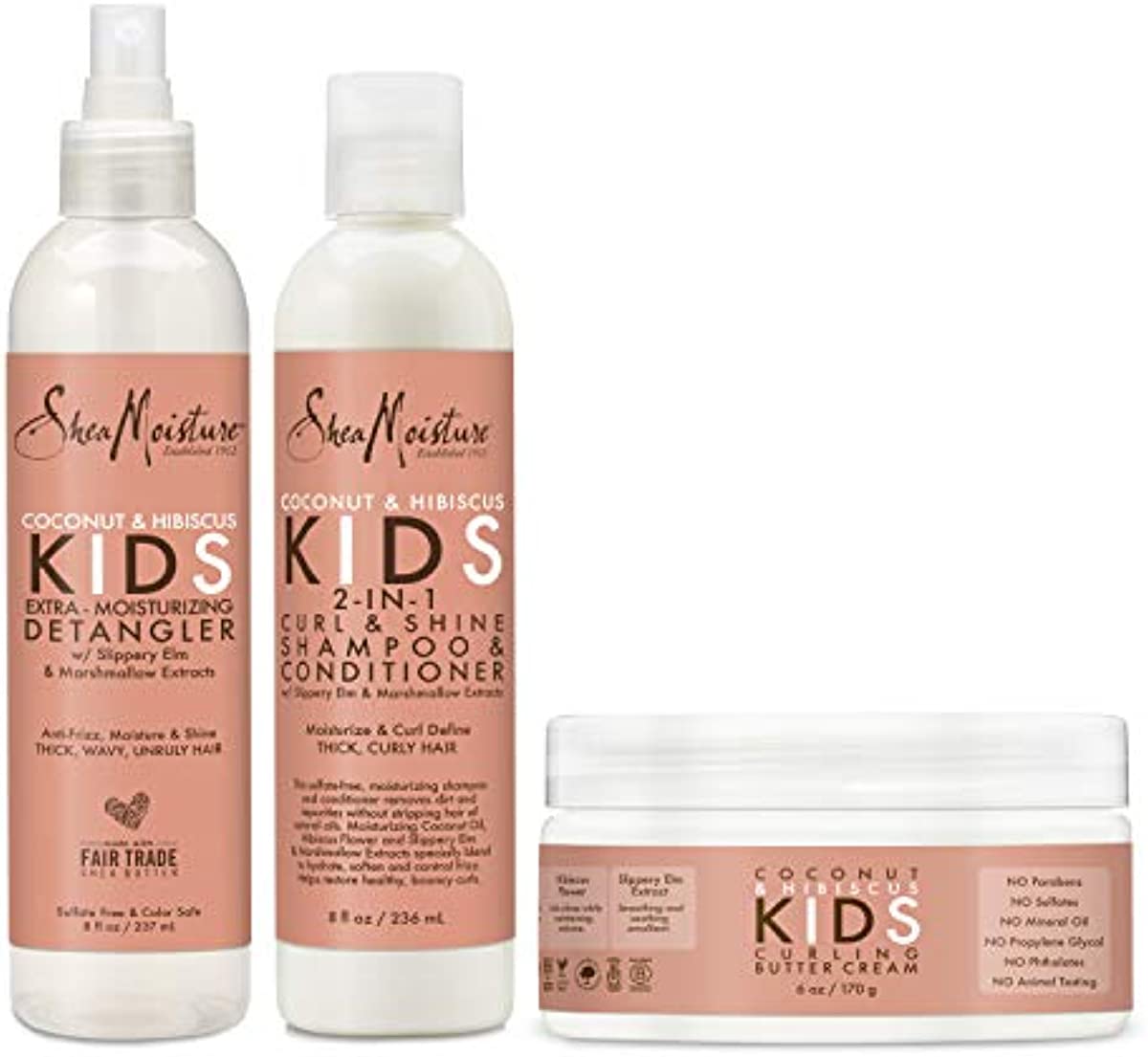 SheaMoisture Kids Shampoo, Detangler and Cream For Moisture and Shine Coconut and Hibiscus Sulfate Free Kids Shampoo and Conditioner, 3.0 Count, White