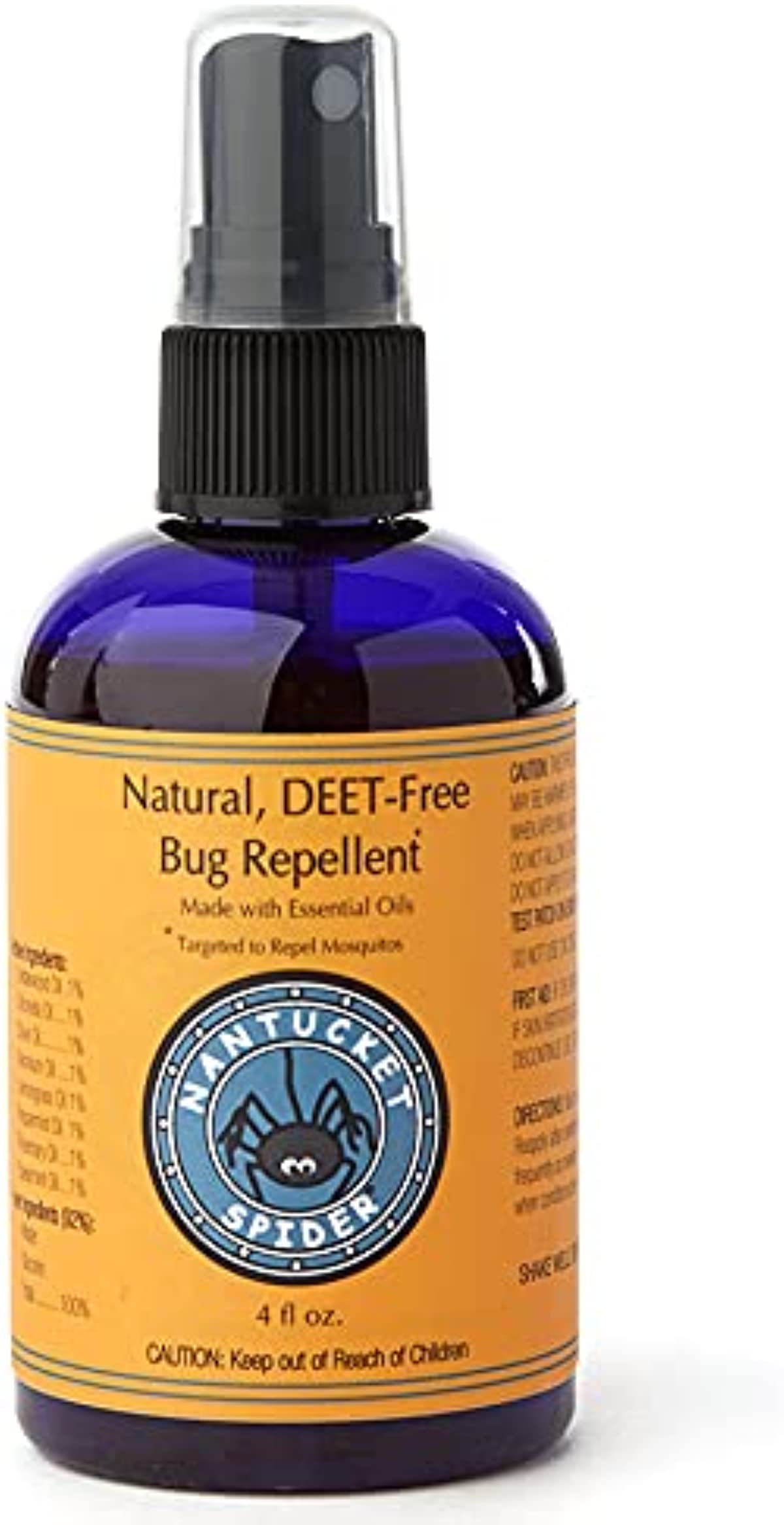 Nantucket Spider Natural Bug Spray for Adults and Kids - 4 oz | Long-Lasting Protection Against Mosquitoes, Biting Flies, Wasps, & No-See-Ums | Deet-Free Organic Essential Oil Insect Repellent