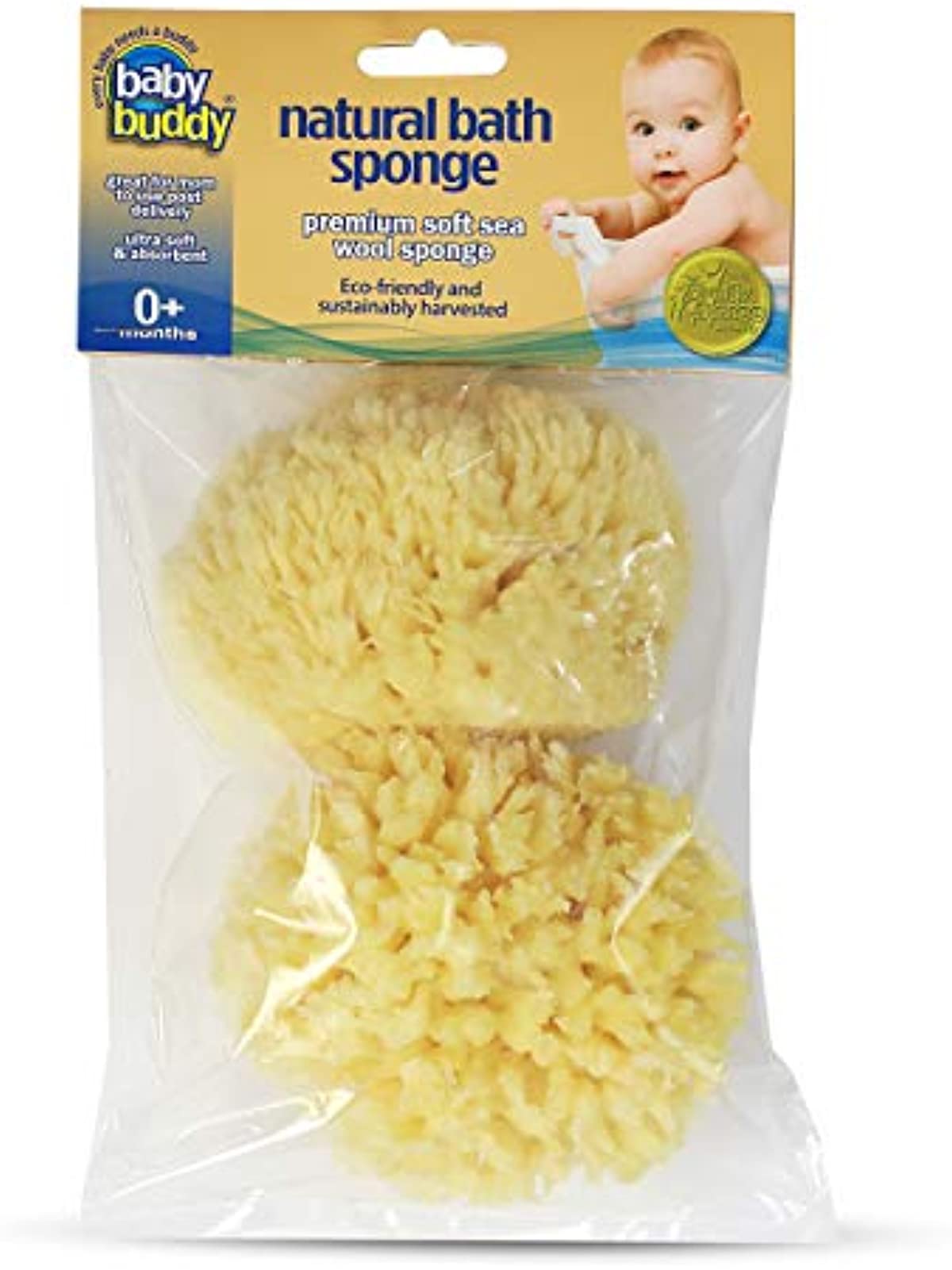 Baby Buddy Absorbent Natural Bath Sponge, Ultra Soft Premium Sea Wool Sponge, Soft on Baby’s Tender Skin, Bath Accessories Baby and Kids, Infant Bath, Biodegradable, Hypoallergenic, 2pk, 4in