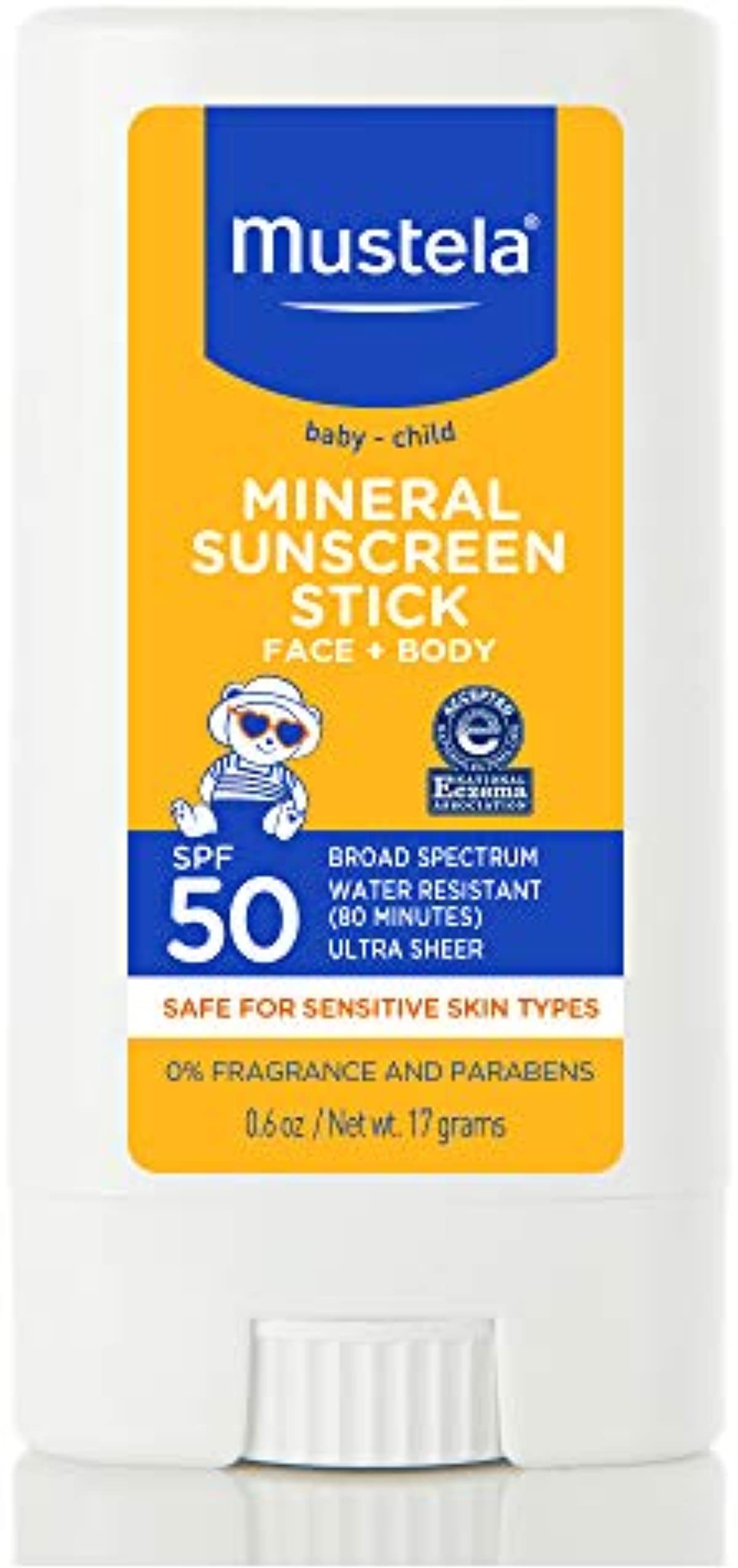 Mustela Baby Mineral Sunscreen Stick SPF 50 Broad Spectrum - Face & Body Sun Stick with 70{458416b358ed3958a53e571ebbbbfd1d9d69ea6ab7bbbd1251d702c3ca46680f} Organic Ingredients - Ultra Sheer, Water Resistant & Fragrance-Free - 0.6 oz.
