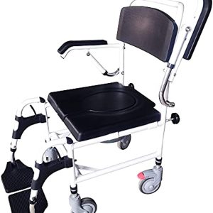 YUWELL Shower Wheelchair Over Toilet, Aluminum Shower Commode Mobile Chair with Lift Arms and PU Leather Padded Seat Backrest, w/ 5\" Locking Caster