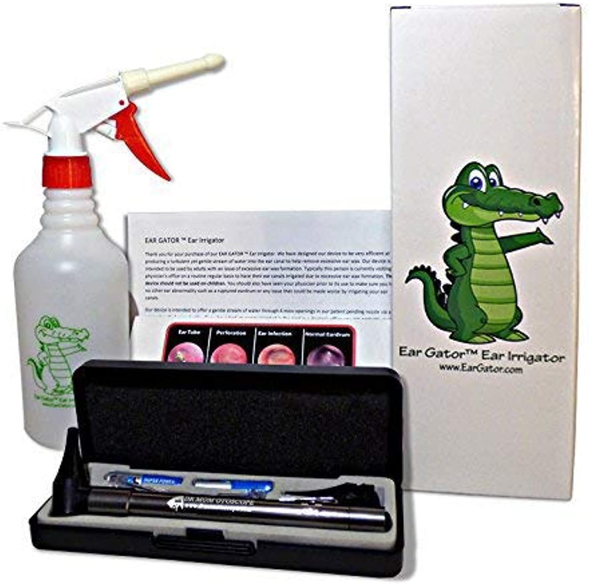 Soft Spray Ear Wax Removal Kit - Ear Gator Soft Spray Ear Irrigator (No Dizzy Spells) Plus Third Generation Dr Mom LED Otoscope Plus Lighted Ear CURETTES
