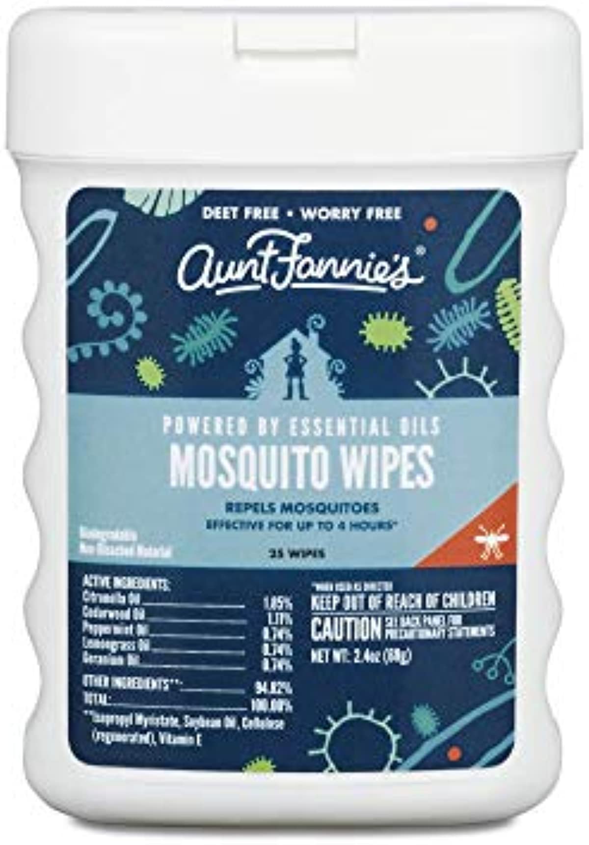 Aunt Fannie\'s Mosquito Wipes for Indoor/Outdoor Protection, Pop-up Dispenser (25-Count Canister)