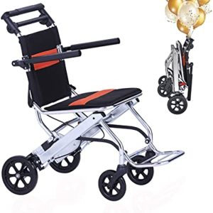 Folding Transport Wheelchairs , Ultra-Light Portable Travel Wheelchairs with Handbrake, Aluminum Alloy Lightweight Transportation Wheelchair Trolleys for Elderly and Children (8 inch Rear Wheel)