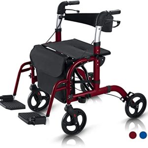 Vive 2 in 1 Rollator Transport Wheelchair Walker for Seniors - Lightweight, Foldable, Medical 4 Wheel Chair Combo with Seat - Portable Walking Mobility Aid for Men Women, 300 Pound Capacity