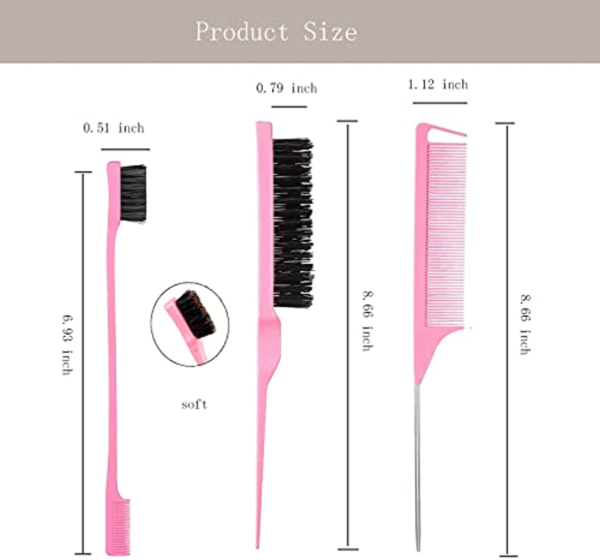 3 Pcs Hair Styling Brush Set with 1 Pcs Edge Brush 1 Pcs Bristle Hair Brush 1 Pcs Rat Tail Comb, Hair Comb Set for Slick Baby Hair and Flyaways - Pink