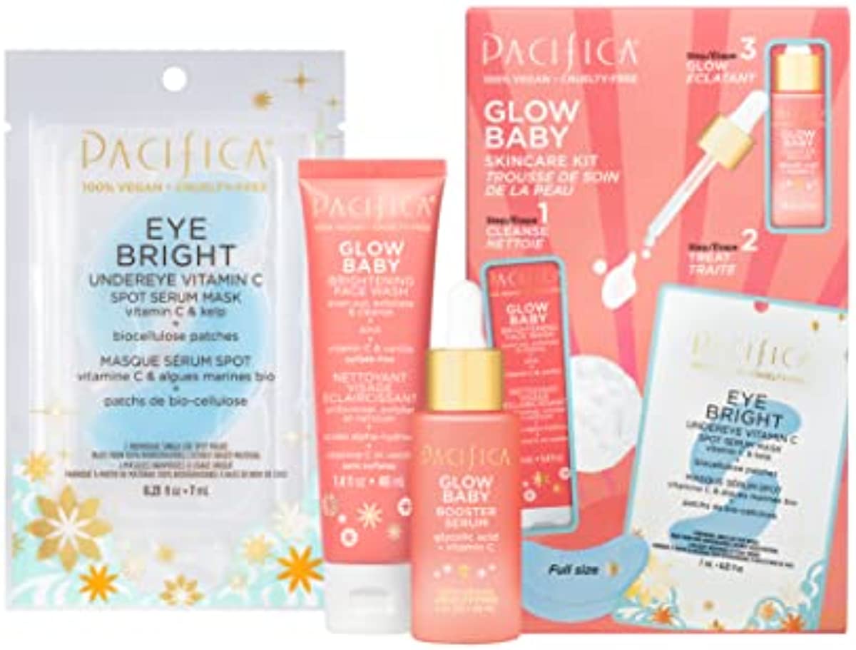 Pacifica Beauty | Glow Baby Vitamin C Trial + Value Kit | 3-Piece Skin Care Gift Set | Travel Friendly | Brightening Face Serum, Face Wash/Cleanser, Under Eye Patches | Glycolic Acid, AHA | Vegan