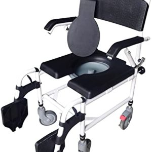 YUWELL Shower Wheelchair Over Toilet, Aluminum Shower Commode Mobile Chair with Lift Arms and PU Leather Padded Seat Backrest, w/ 5\" Locking Caster