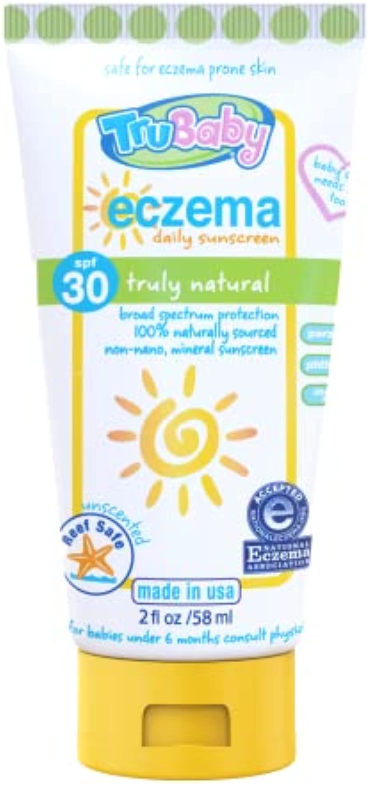 TruBaby Soothing Skin (Eczema) SPF 30 UVA/UVB Protection Sunscreen for Baby, Safe for Sensitive Skin, Unscented, All Natural Ingredients (2 fl oz)