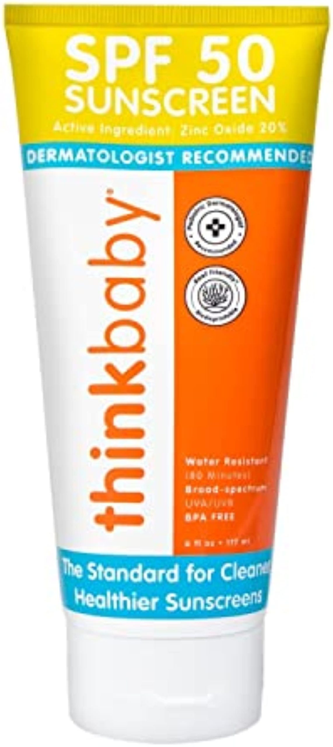 Thinkbaby SPF 50+ Baby Sunscreen – Safe, Natural Sunblock for Babies - Water Resistant Sun Cream – Broad Spectrum UVA/UVB Sun Protection – Vegan Mineral Sun Lotion, 6oz