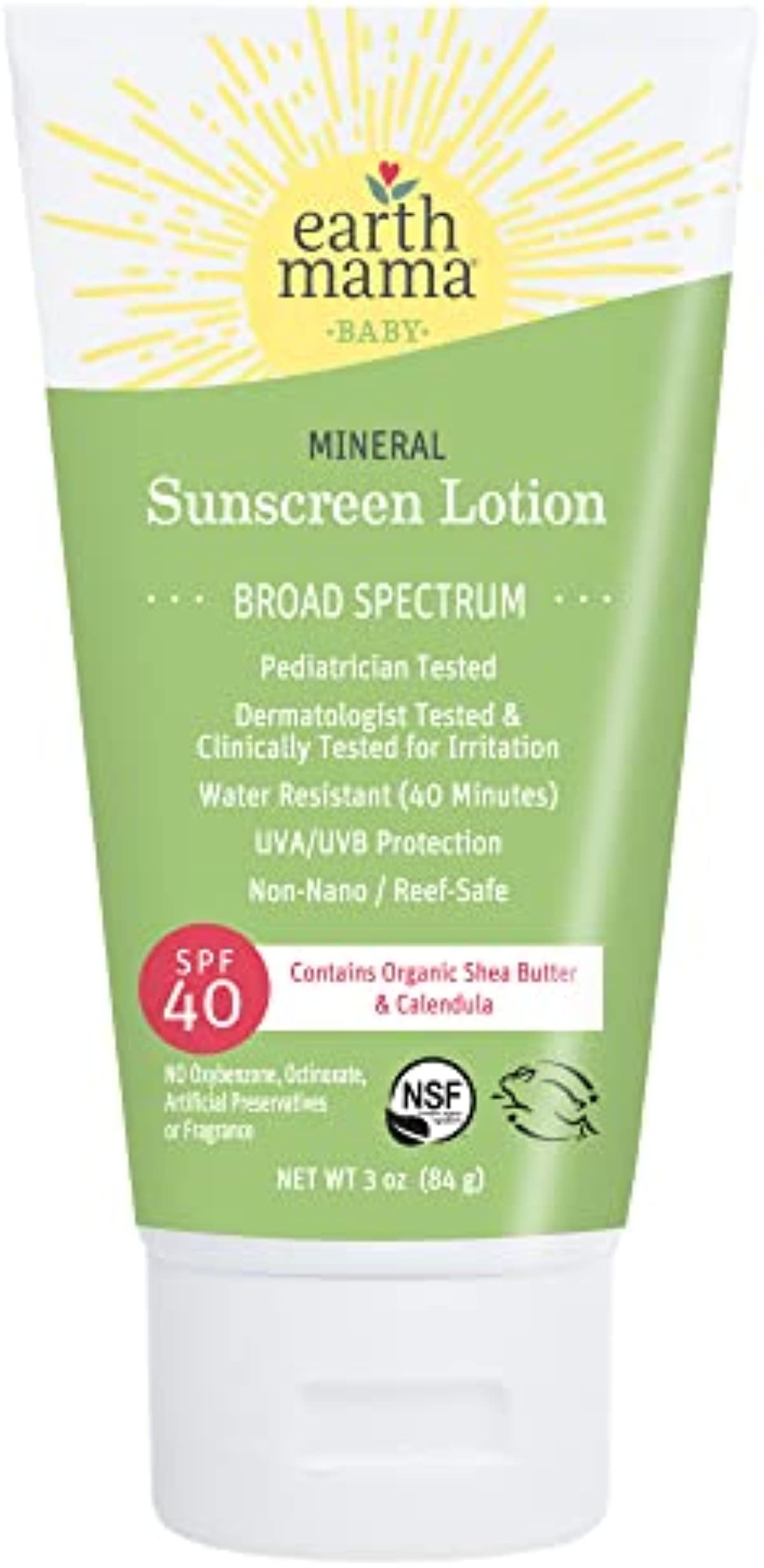 Earth Mama Baby Mineral Sunscreen Lotion SPF 40 | Reef Safe, Non-Nano Zinc, Natural Water Resistant Sun Cream for Babies, Kids & Adults, 3-Ounce