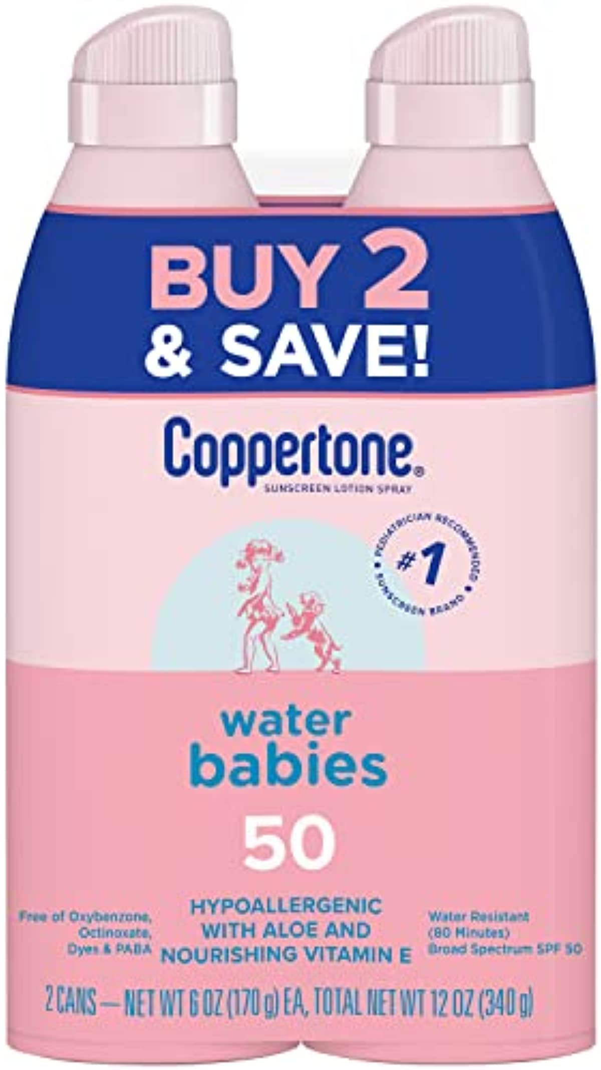 Coppertone Water Babies Sunscreen Lotion Spray SPF 50, Pediatrician Recommended Baby Sunscreen Spray, Water Resistant Sunscreen for Babies, 6 Oz Spray, Pack of 2
