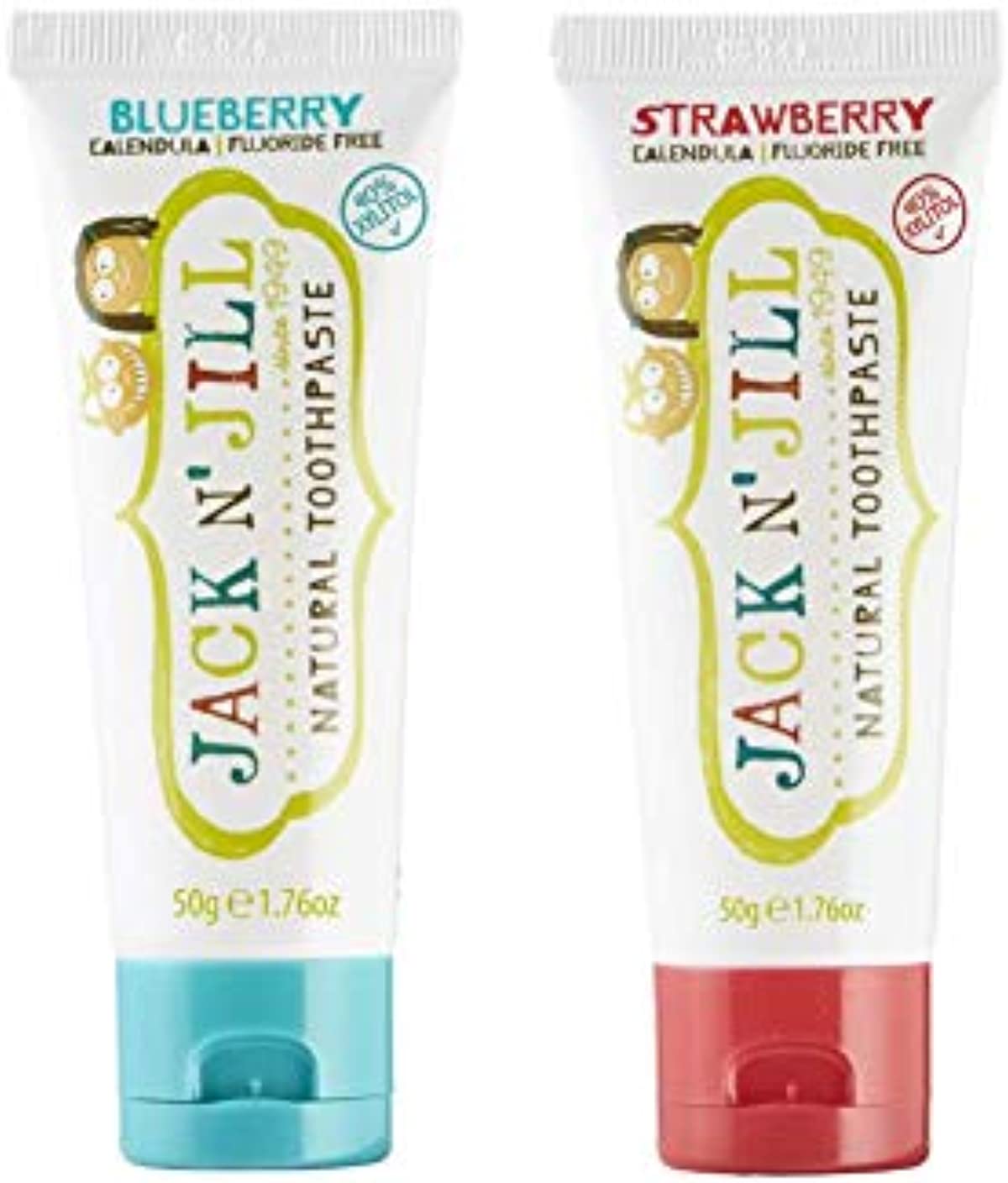 Jack N\' Jill Natural Kids Toothpaste - Blueberry & Strawberry - Organic, Gluten Free, Vegan, BPA Free, Fluoride Free, SLS Free, Dairy Free - Making Toothbrushing Fun for Kids - 1.76 oz (Pack of 2)