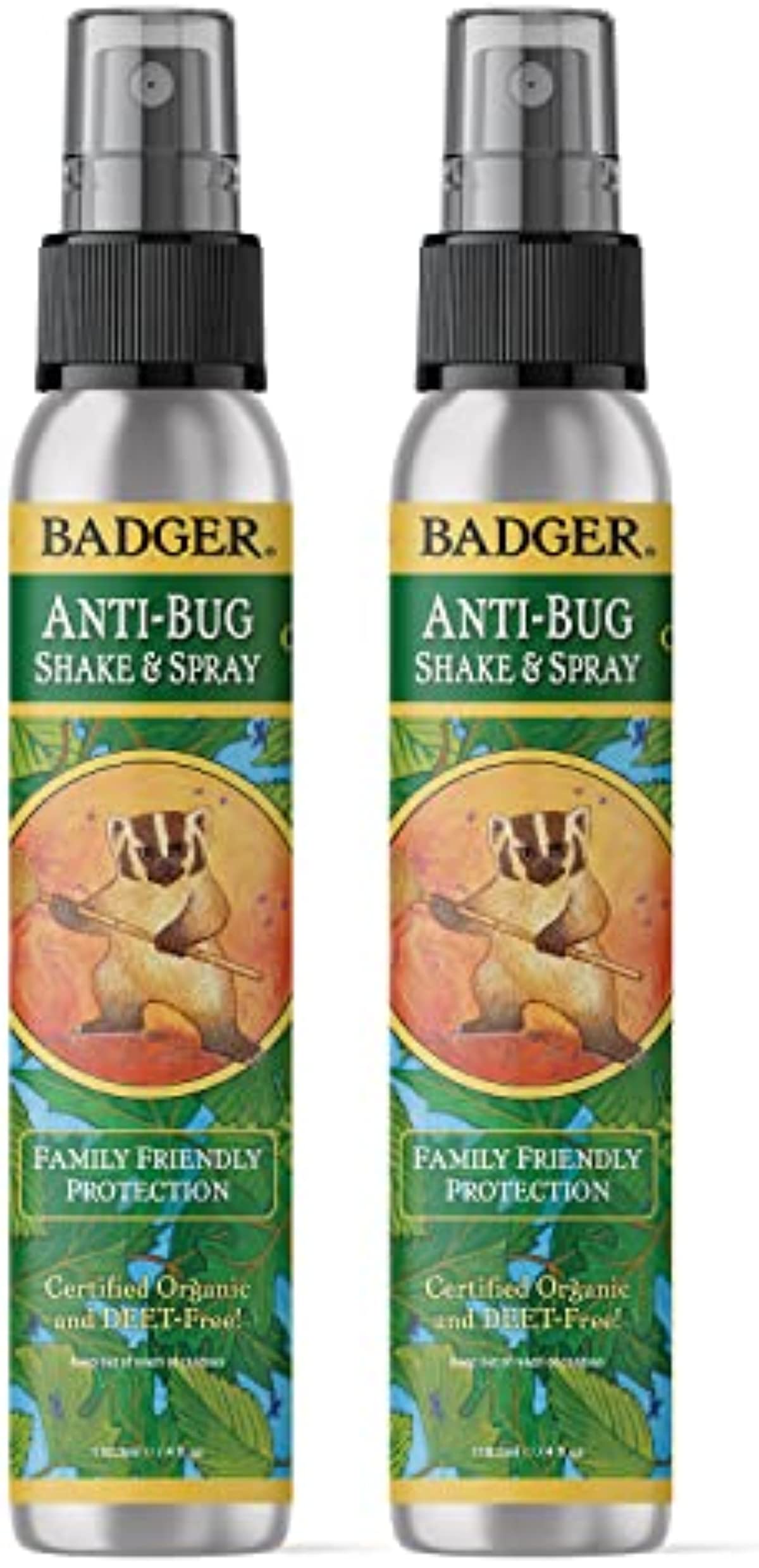 Badger - Anti-Bug Shake & Spray, DEET-Free Natural Bug Spray, Eco-Friendly, Certified Organic Mosquito Spray, Great for Kids, Insect Repellent, 4 Fl Oz (2 Pack)