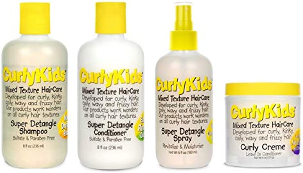 CurlyKids Mixed Hair HairCare Set Super Detangling Shampoo 8.0 Ounce, Conditioner 8.0 Ounce, Spray 6.0 Ounce, Curly Crème Conditioner 6.0 Ounce - 4-Pack