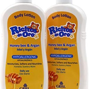 Ricitos de Oro Honey and Argan Baby Body Lotion That Helps Smooth Baby Skin -Hypoallergenic with Honey Bee Extract Delicious Scent, 2-Pack of 12.8 FL Oz, 2 Bottles.
