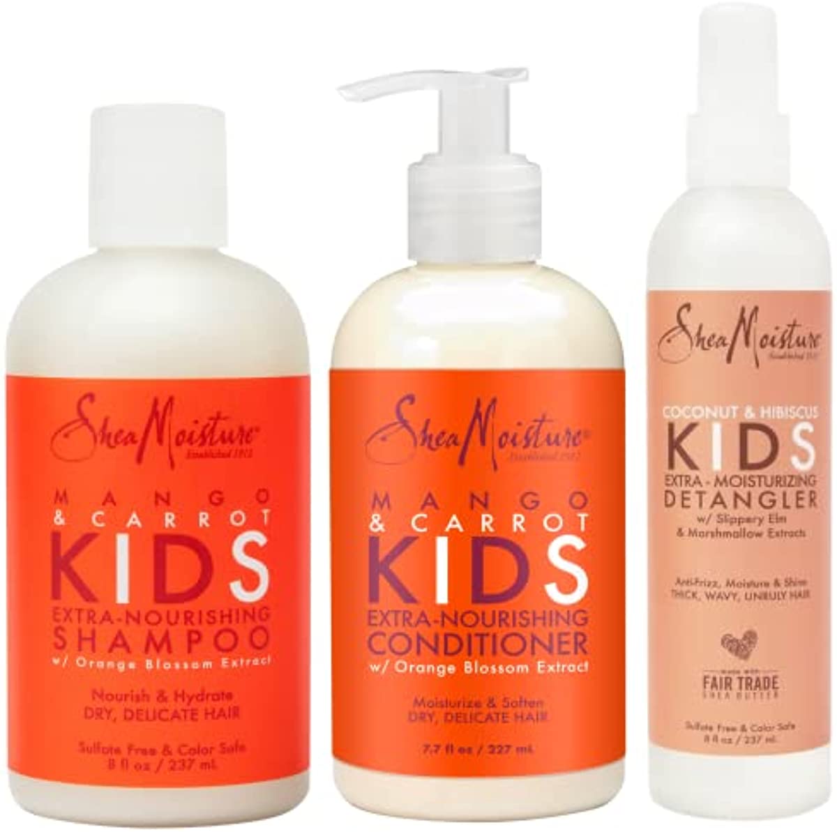 Shea Moisture Kids Hair Care Combination Pack – Includes Mango & Carrot 8oz KIDS Extra-Nourishing Shampoo, 8oz KIDS Extra-Nourishing Conditioner, and 8oz Coconut & Hibiscus KIDS Detangler