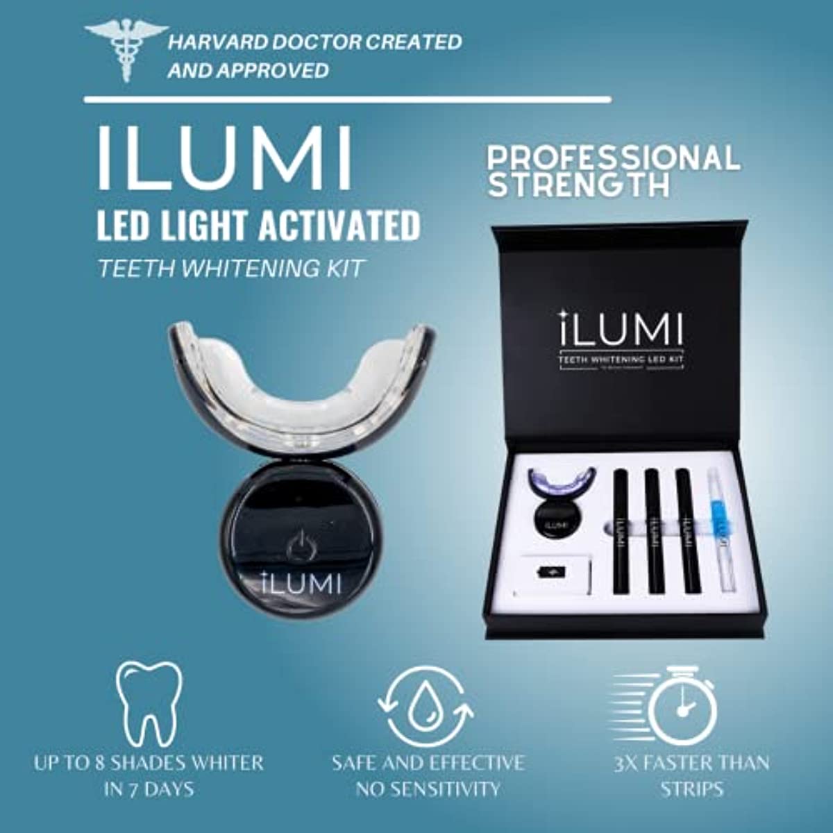 iLUMI at Home Teeth Whitening Kit - Harvard Doctor Approved - 10 Min Non-Sensitive Fast Results, (3) Carbamide Peroxide Gel, (1) Desensitizing Gel (Black)