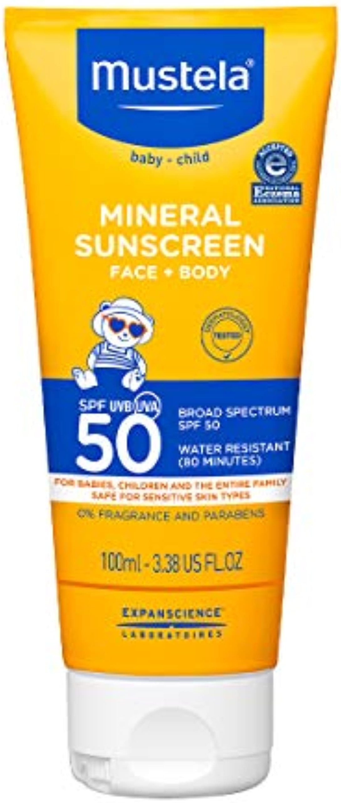 Mustela Baby Mineral Sunscreen Lotion SPF 50 Broad Spectrum - Face & Body Sun Lotion for Sensitive Skin - Non-Nano, Water Resistant & Fragrance Free - Regular & Family Size
