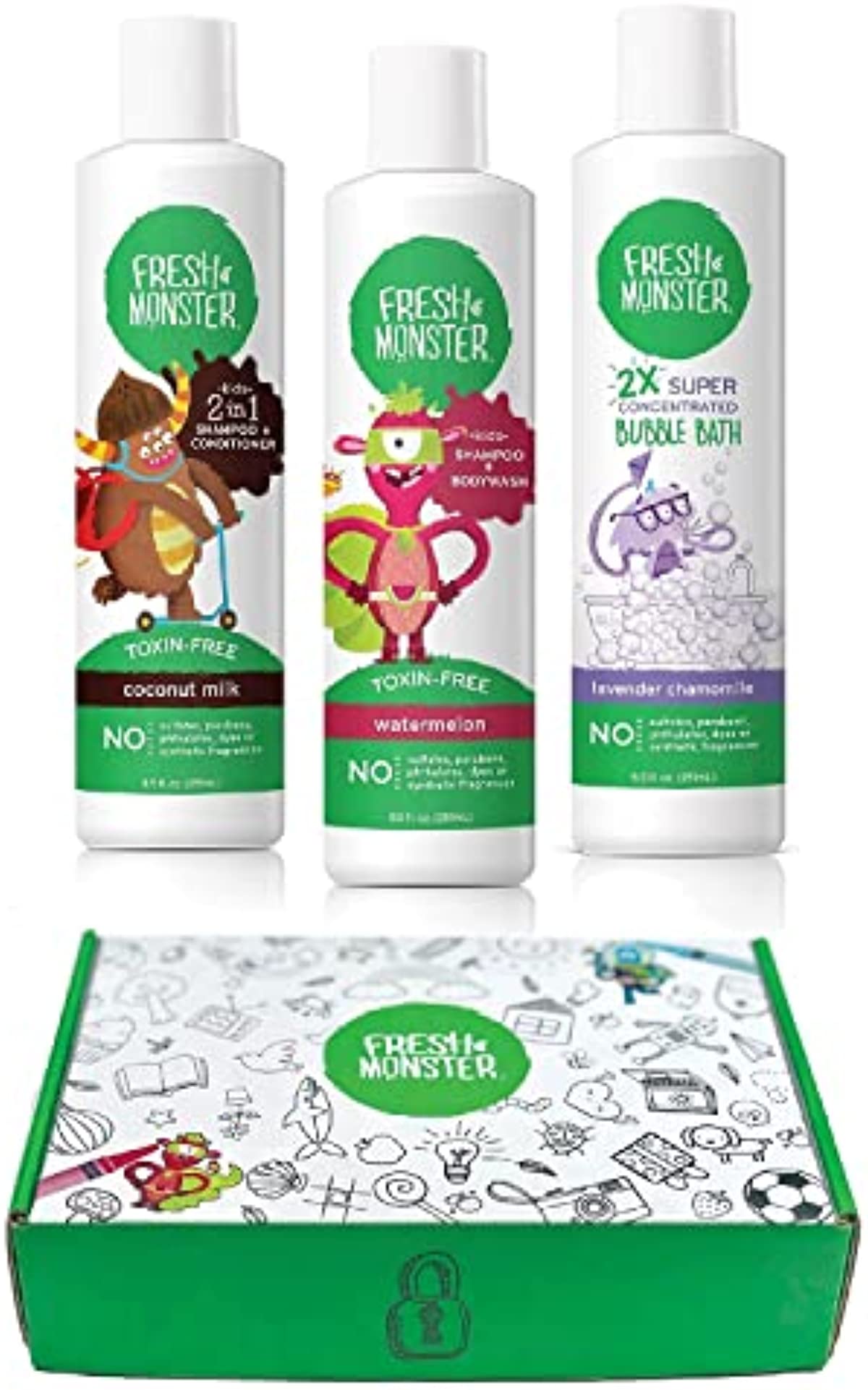 Fresh Monster Kids & Baby Gift Set, Natural, Toxin-Free Shampoo & Conditioner, Body Wash, and Bubble Bath (3 Piece Set, 8.5oz/each)