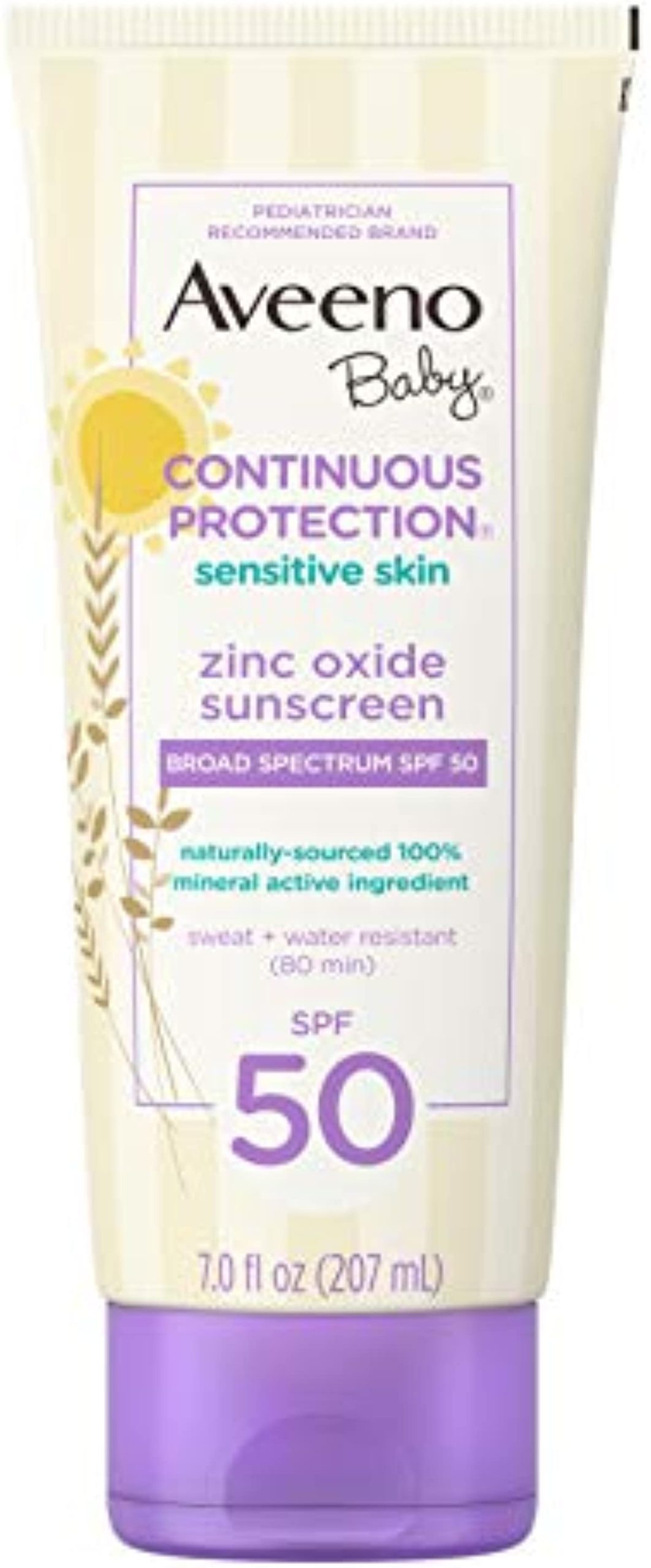 Aveeno Baby Continuous Protection Zinc Oxide Mineral Sunscreen Lotion for Sensitive Skin, Broad Spectrum SPF 50, Tear-Free, Sweat- & Water-Resistant, Paraben-Free, Non-Greasy, 7 fl. oz