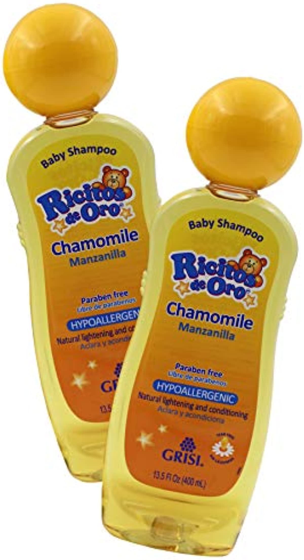 Ricitos de Oro, Baby Shampoo Cleansing Conditioning and Lightening Baby Shampoo with Chamomile Extract Lightens Naturally ParabenFree Hypoallergenic 2Pack of 13.5 FL Oz Bottles, amber, 2 Count