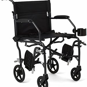Medline Ultralight Transport Wheelchair with 19” Wide Seat, Folding Transport Chair with Permanent Desk-Length Arms, Black Frame