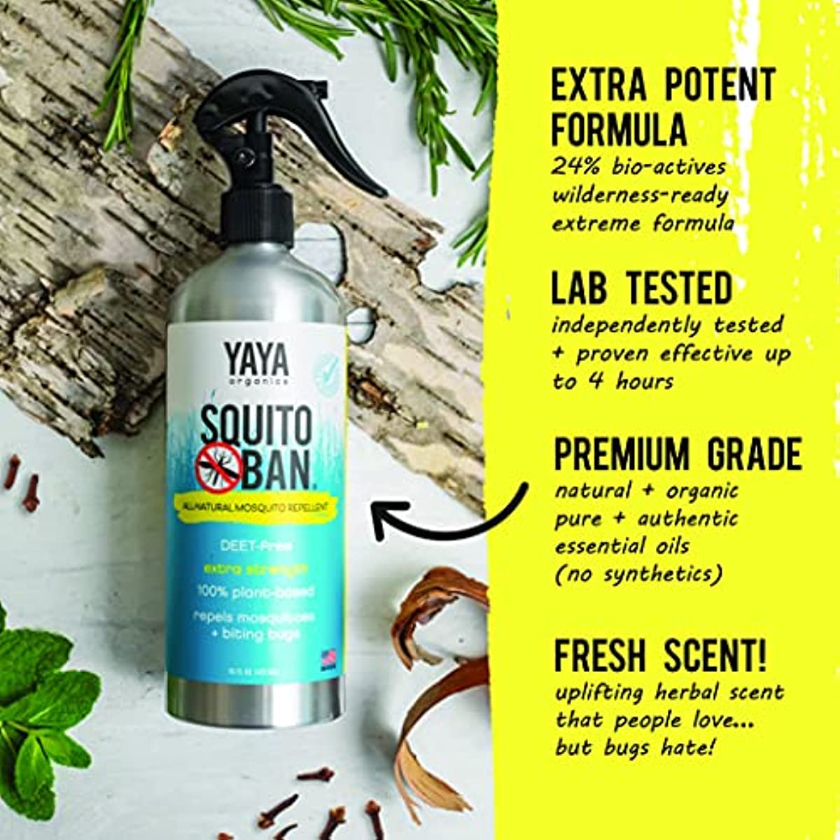 Squito Ban - Yaya Organics Mosquito Repellent, All Natural Bug Spray, Proven Effective, Family Friendly, Deet-Free | 16 ounces