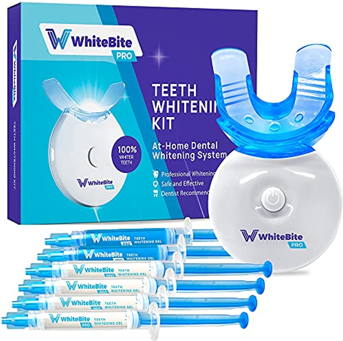 Whitebite Pro Teeth Whitening Kit with LED Light for Sensitive Teeth, Tooth Whitening System with 35{6759d95606d5803cfadd0253beece9061060cabe9c677495a71be97ab37f03a7} Carbamide Peroxide, (4)3ml Gel Syringes, (2)Remineralization Gel, and Mouth Tray, 7 Piece Set