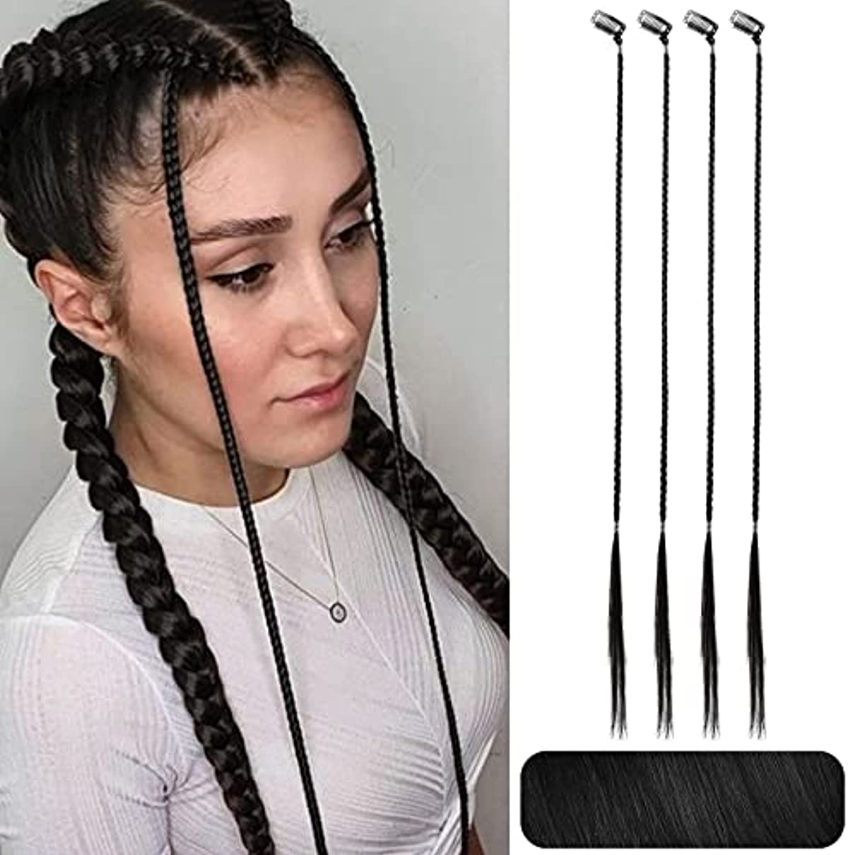 Braid Hair Extensions, 4 PCS Baby Braids Front Side Bang Clip in Hair Extensions Long Braided HairPiece Natural Soft Synthetic Hair for Women Daily Wear 20 Inch Black