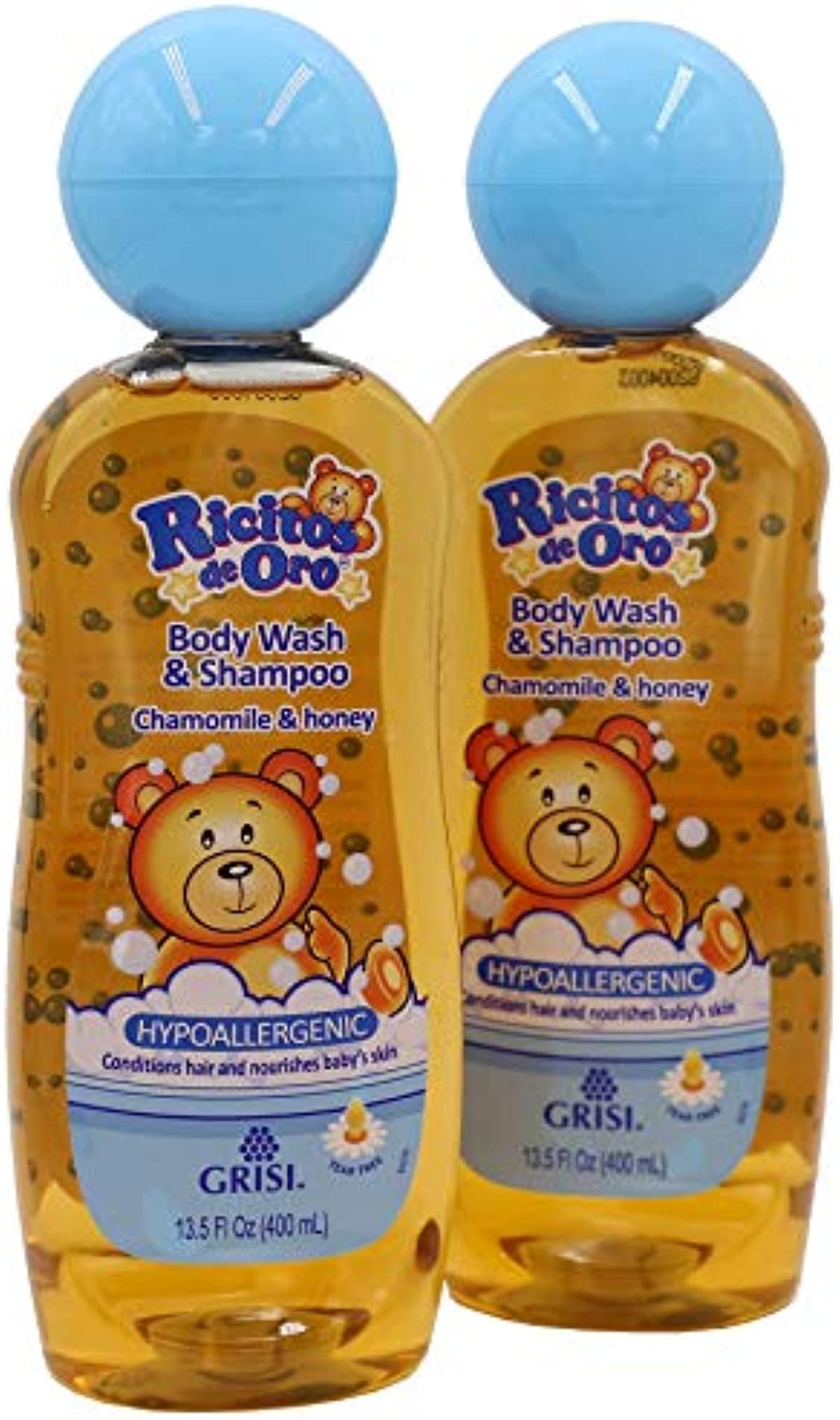 Ricitos de Oro 2-in-1 Baby Hair and Body Wash, Hypoallergenic Tear Free Body Wash and Shampoo with Chamomile and Honey, Cleansing Formula for Babies, 2-Pack of 13.5 FL Oz, Bottles., white