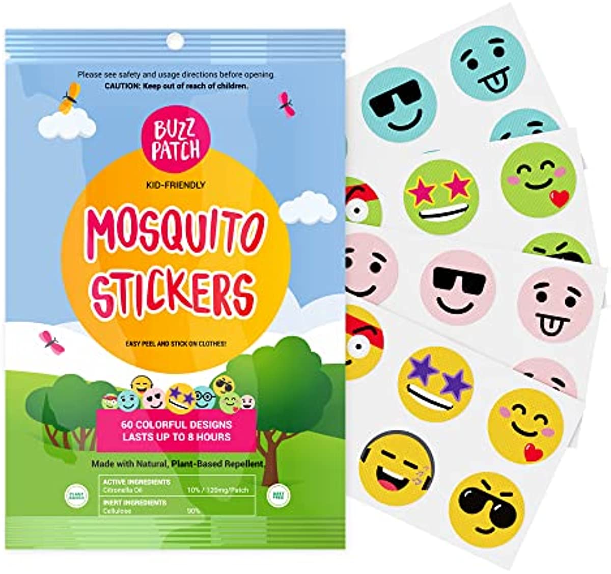BuzzPatch Mosquito Patch Stickers for Kids (60 Pack) - The Original All Natural, Plant Based Ingredients, Non-Toxic, DEET Free, Citronella Essential Oil Insect Patch, for Toddlers, Kids