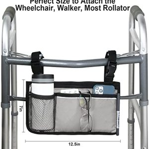 Wheelchair Side Organizer Storage Bag Armrest Pouch with Cup Hold and Reflective Strip, for Most Wheelchairs, Walkers or Rollators (Gray)