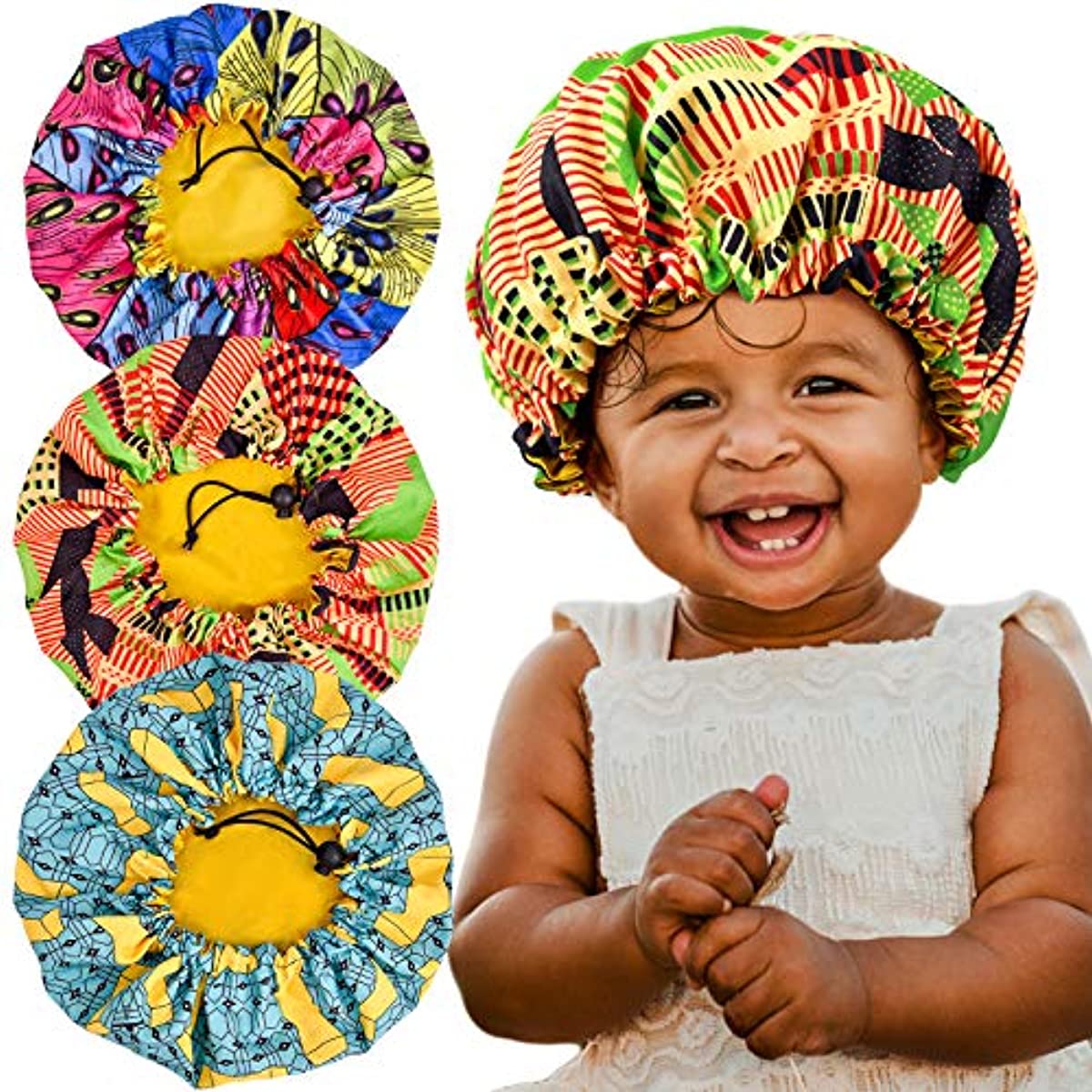 3 Pieces Kids Satin Bonnet Adjustable Sleeping Cap Soft Silk Flower Night Hats for Natural Hair Teens Toddler Child Baby Reversible Double Showering Caps